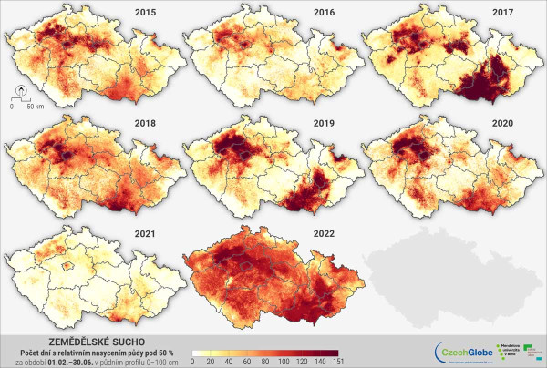 Mapa 2: Počet dnů s relativním nasycením půdního profilu do 100 cm menším než 50 % za období 1. 2.–30. 6. (jarní sucho) pro roky 2015–2022 (zdroj: intersucho.cz) 