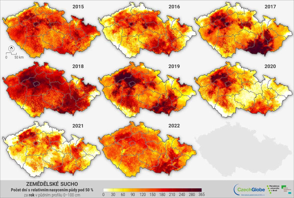 Mapa 1: Počet dnů s relativním nasycením půdního profilu do 100 cm menším než 50 % za období 1. 1.–31. 12. pro roky 2015–2022 (zdroj: intersucho.cz)