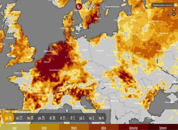 Mapa 7: Výskyt sucha (stav k 1. 9. 2022) v Evropě; vyschlé řeky a významné dopady několikaměsíční epizody sucha na zemědělství ve Francii, Německu, Belgii, Holandsku a Itálii (zdroj: windy.com a intersucho.cz)