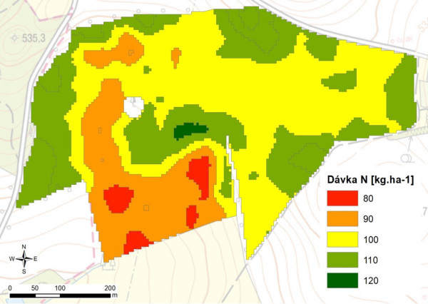 Mapa 6: Rozložení dávek produkčního přihnojení porostu dusíkatými hnojivy dusíku na základě mapy produkčních zón pro produkční hnojení ozimé pšenice (25ha pozemek, ZD Kojčice); vyšší úroveň výživy je adresována do míst s vyšším očekávaným výnosem