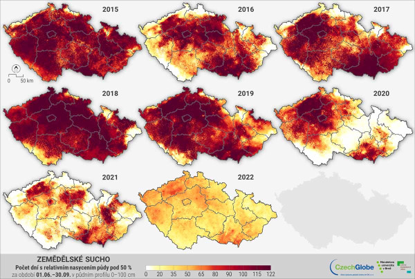 Mapa 3: Počet dnů s relativním nasycením půdního profilu do 100 cm menším než 50 % za období 1. 6.–30. 9. (letní sucho) pro roky 2015–2022 (zdroj: intersucho.cz) 