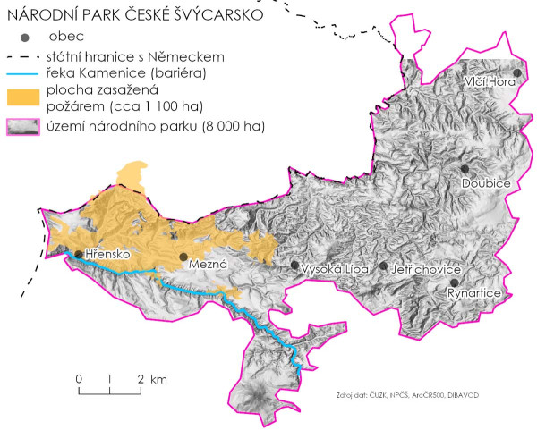 Mapa 6: Vymezení plochy zasažené požárem 23. 7.–12. 8. 2022 v NP České Švýcarsko