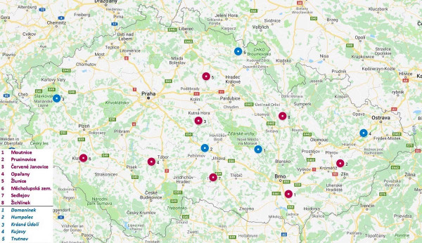 Mapa: Lokality, které byly použity v monitoringu viru žloutenky vodnice na řepce - modře pokusy POP, růžově pokusy SDO