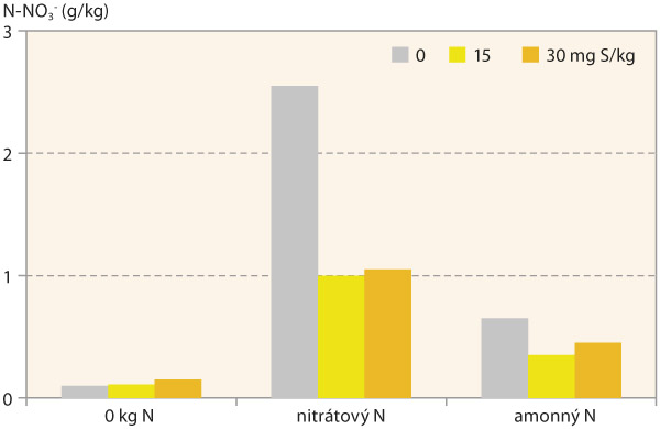 Graf 2: Vliv formy dusíku a množství síry v půdě (mg/kg) na obsah nitrátů v nadzemní biomase ječmene (výsledky z nádobových pokusů)