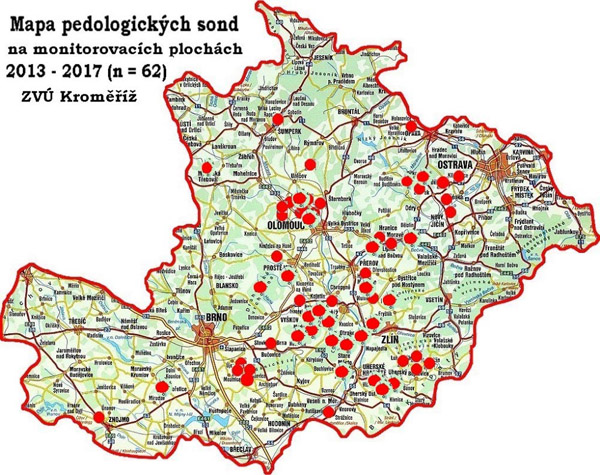 Mapa 62 pedologických sond na monitorovacích plochách 2013–2017