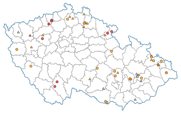 Mapa: Výkyt hraboše polního (28. 7.–4. 8. 2021) - plodiny: jetel, vojtěška, travní porosty