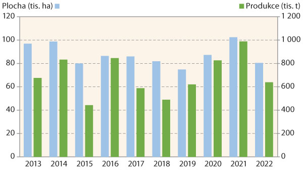 Graf 2: Plocha a produkce kukuřice v ČR v letech 2013–2022 (data: ČSÚ)