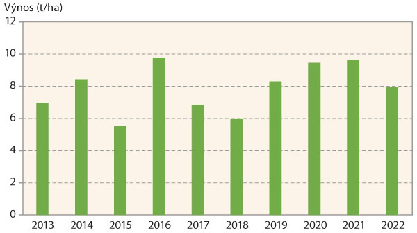 Graf 3: Výnosy kukuřice v ČR v letech 2013–2022 (data: ČSÚ)