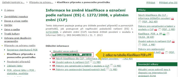 Obr. 4: Odkaz na tabulku klasifikace CLP přípravku a pomocného prostředku eagri.cz/public/web/ukzuz/portal/pripravky-na-or/klasifikace-pripravku-pomocneho-prostredku