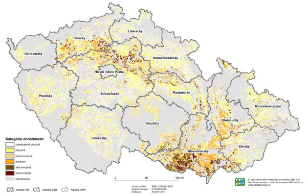 Mapa: Potenciální ohroženost zemědělské půdy větrnou erozí vyjádřená ve stupni erozní ohroženosti