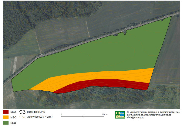Mapa 3: Vrstva EO po redesignu - jedna z možných úprav erozních parcel zemědělcem