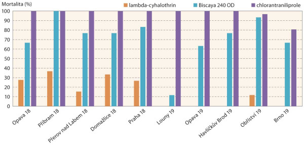 Graf 1: Kontaktní účinky insekticidů odpovídající 100% účinné látky podle registrace přípravku na larvy L2 mandelinky bramborové z různých lokalit v ČR v letech 2018 a 2019 (mortalita za 24 hodin)
