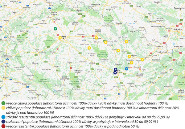 Mapa: Výskyt citlivých a rezistentních populací dřepčíka olejkového vůči pyretroidu lambda-cyhalothrin v ČR v roce 2018 Stupně rezistence podle IRAC (mortalita podle Abbotta)