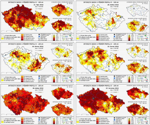 Mapa: Srovnání intenzity sucha v půdním profilu během sezony 2018–2019 (zdroj: www.intersucho.cz) 