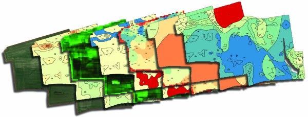 Obr. 1: Různé druhy mapových podkladů k tomu samému pozemku: ortofotomapa - mapa relativního výnosového potenciálu - vegetační snímek NDVI - analýza Smart Scouting - aplikační mapa dusíku - mapa zásobenosti živinami - aplikační mapa pro zásobní hnojení