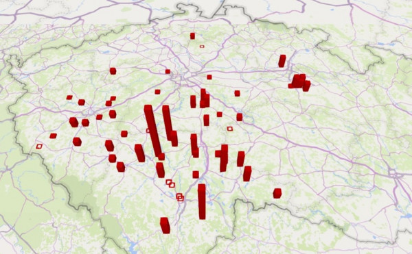 Mapa 2: Napadení porostů řepky verticiliovým vadnutím k 15. 7. 2020, Čechy