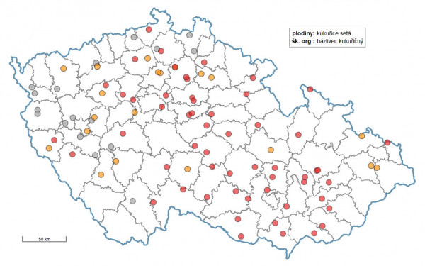 Mapa: Výskyt bázlivce kukuřičného v roce 2018 na území České republiky (zdroj: eagri.cz)