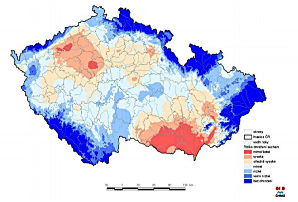 Mapa 2: Oblasti ohrožené suchem (ČHMU, 2012)