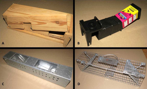 Obr. 5: Přehled živolovných pastí vyrobených z různých materiálů: A - dřevěná; B - plastová; C -– plechová; D - drátěná