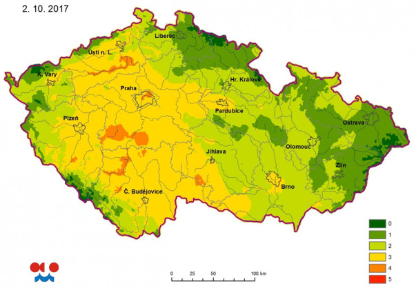 Mapa: Míra ohrožení půdním suchem ve vrstvě 0 až 40 cm 2. 10. a 9. 10. 2017 (http://portal.chmi.cz)