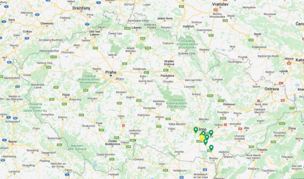 Mapa 1: Umístění lokalit sběru testovaných bázlivců v ČR