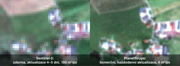 Obr. 1: Porovnání kvality snímků ze satelitu Sentinel-2 a Planetscope