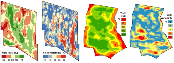 Mapa 3: Příklad map výnosové úrovně (Yield level) a výnosové stability (Yield variability) stanovené pro 52 ha (vlevo) a 38 ha (vpravo) pozemek z historických výnosových map (2004–2009); červené plochy výnosové stability představují rizikové oblasti pro volbu vyšší intenzity zásahu