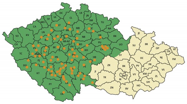 Mapa pozorovacích bodů MSDfyto v Čechách, 2019