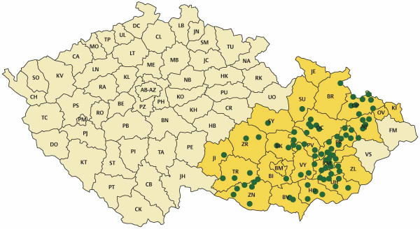 Mapa pozorování prováděných systémem MSD v oblasti Moravy a Slezska - stav roku 2018