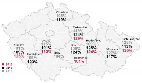 Mapa 2: Relativní výnos (%)odrůdy LG Architect na hodnocených lokalitách ÚKZÚZ (2016–18, ČR)
