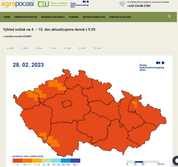 Náhled výhledu srážek na 4. až 10. den pro území ČR