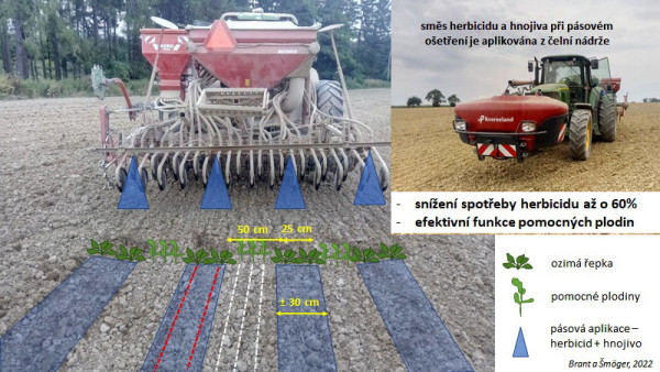 Obr. 3: Systém založení ozimé řepky s pomocnými plodinami do meziřádku při využití pásové aplikace preemergentního herbicidu na dvouřádek řepky společně s kapalným hnojivem DAM