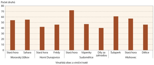 Graf 1: Počet nalezených druhů rostlin ve vinicích vybraných vinařských obcí