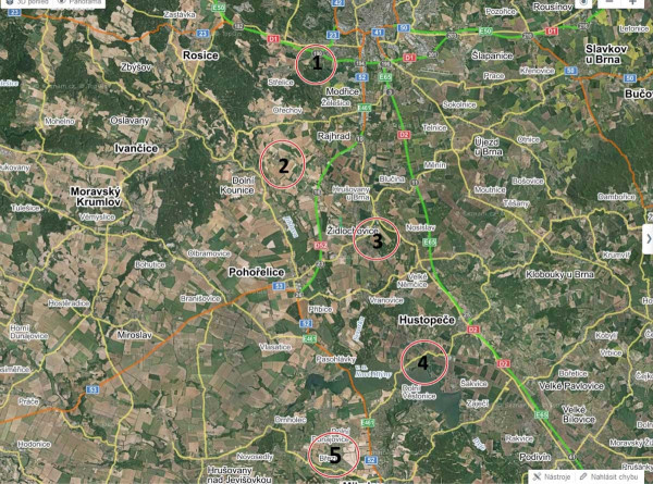 Mapa: Lokality dlouhodobého sledování; 1 - Troubsko; 2 - Němčičky; 3 - Žabčice; 4 - Strachotín; 5 - Dolní Dunajovice