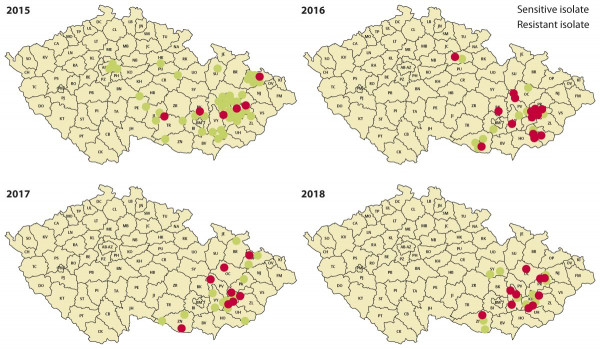 Mapa 2: Výskyt rezistentní reakce Pyrenophora teres vůči strobilurinům v letech 2015–2018 na našem území