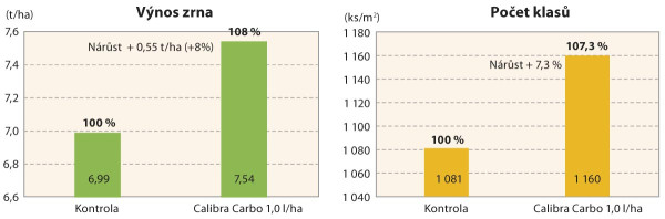 Graf 1: Vliv Calibra Carbo na výnos zrna a počet klasů jarního ječmene (1,0 l /ha v BBCH 31, odrůda Bojos, Ditana, Velká Bystřice, 2020)