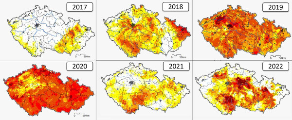 Mapa 1: Intenzita sucha v povrchové vrstvě půdy v polovině dubna v posledních 6 letech (zdroj: www.intersucho.cz)