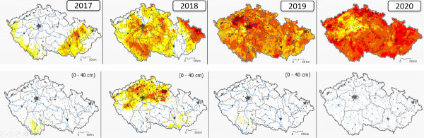 Obr. 1: Intenzita sucha v povrchové vrstvě půdy v polovině dubna (nahoře) a v polovině října (dole) v letech 2017, 2018, 2019 a 2020 v ČR (zdroj: www.intersucho.cz)