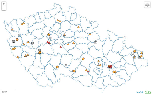 Mapa: Výskyt hraboše polního 9. 8.–16. 8. 2022 (Rostlinolékařský portál ÚKZÚZ)