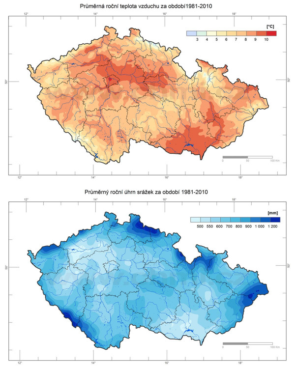Mapa 1: Teploty a srážky na území České republiky (1981–2010, ČHMU)