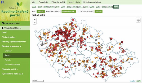 Obr. 3: Rostlinolékařský portál - mapa výskytu hraboše polního za období 17. 7.–17. 8. 2020
