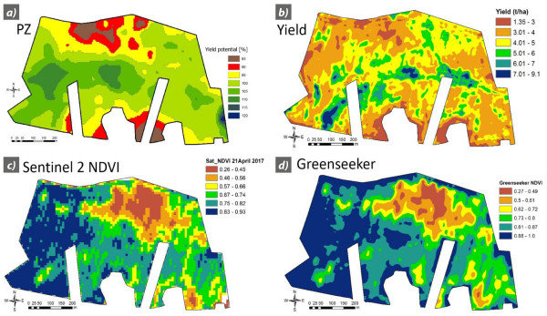 Mapa 5: Příklad mapování nevyrovnanosti 40ha pozemku s pšenicí ozimou ve velmi suchých podmínkách (Dolní Dubňany - Dukovany, 2017); zatímco mapa produkčních zón (a) z časové řady družicových snímků vykazuje obdobné členění méně výnosných zón jako výnosová mapa (b) z toho roku, aktuální stav porostu hodnocení pomocí NDVI ze Sentinel-2 (c) a senzoru Greenseeker (d) z druhé poloviny dubna 2017 vykazoval odlišné rozložení