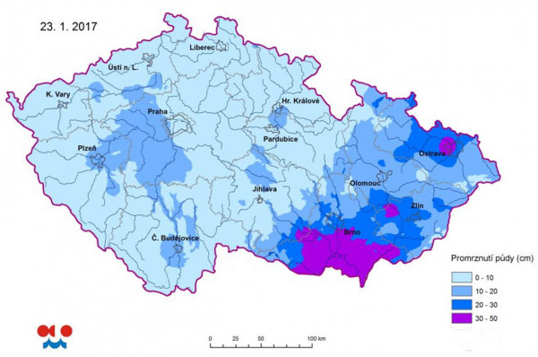 Mapa: Promrznutí půdy v cm 23. 3 2017 (http://www.infomet.cz) 