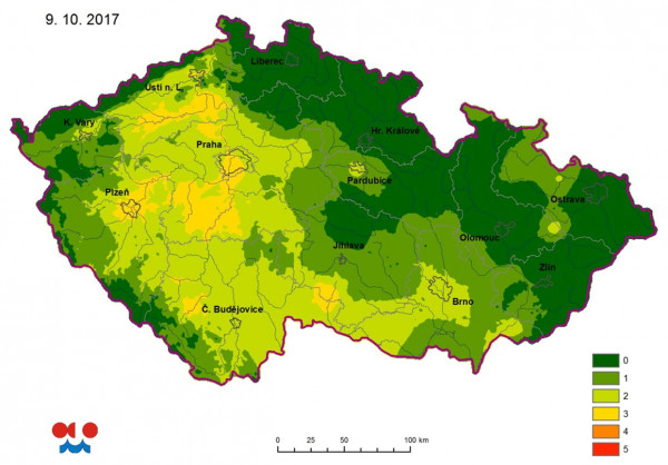 Mapa: Míra ohrožení půdním suchem ve vrstvě 0 až 40 cm 2. 10. a 9. 10. 2017 (http://portal.chmi.cz)