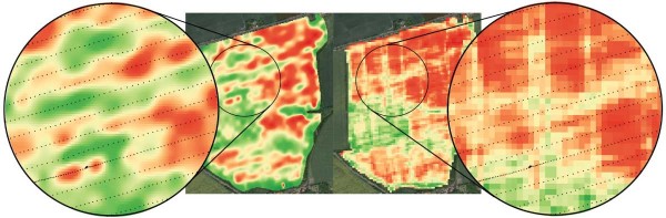 Obr. 4: Nepřesnost plodinových senzorů - srovnání vegetačního indexu vlevo ze senzorového systému ISARIA, vpravo index NDVI ze satelitního snímku družice Sentinel 2, ve zvětšených částech jsou doplněny kolejové řádky