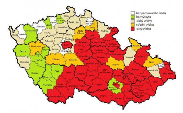 Mapa: Výskyt bázlivce kukuřičného v roce 2016 na území České republiky (zdroj: http://eagri.cz/)
