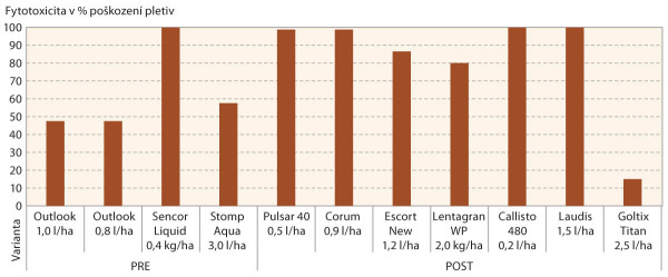 Graf 1: Fytotoxicita zkoušených přípravků ke slézu přeslenitému (poškození rostlin po 28 dnech od ošetření)