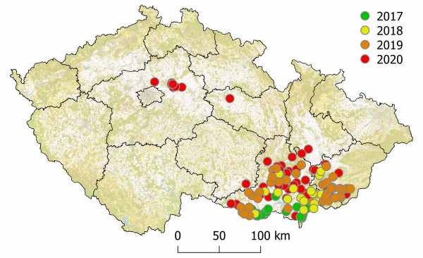 Mapa 1: Výskyt vrtule ořechové v České republice v letech 2017–2020; vyznačeny pouze lokality, kde bylo zaznamenáno napadení ořechů larvami