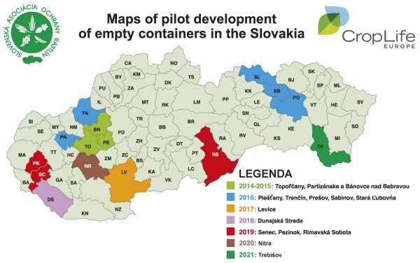 Mapa: Zber obalov z prípravkov na ochranu rastlín v SR organizovaný  Slovenskou asociáciou ochrany rastlín na dobrovoľnom základe v rokoch 2014–2021