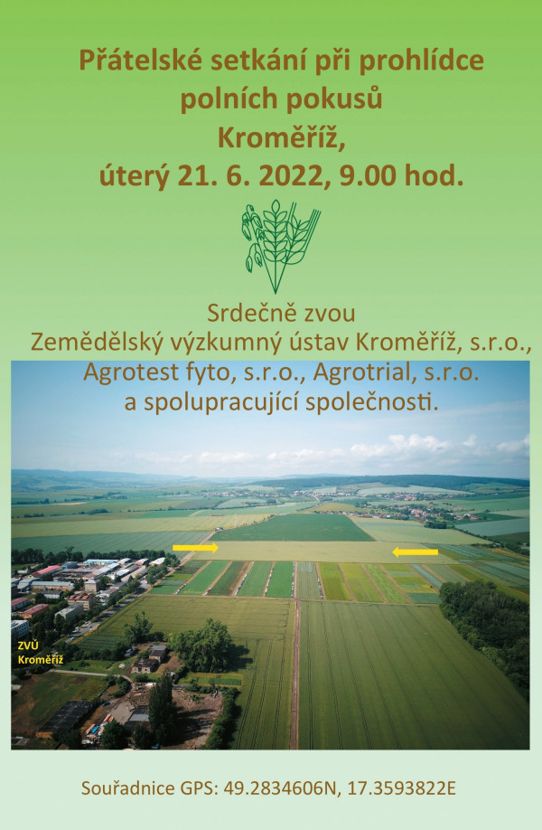 Přátelské setkání při prohlídce polních pokusů Kroměříž, úterý 21. 6. 2022, 9.00 hod.